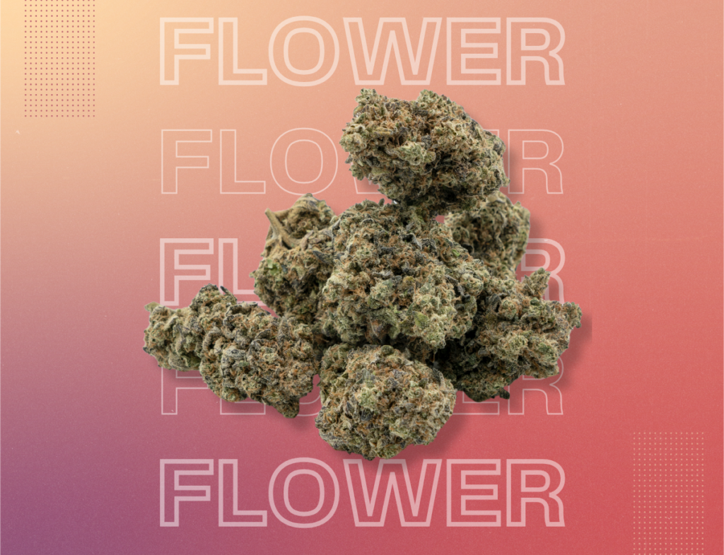 A pile of cannabis flower with the word "flower" three times, vertically behind the cannabis flower