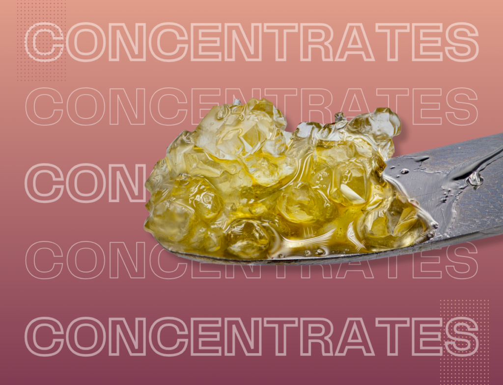 The end of a butter knife with cannabis concentrate on top, extending from the right corner of the image, with the word "concentrates" five times, vertically, behind the butter knife with cannabis concentrate on top.