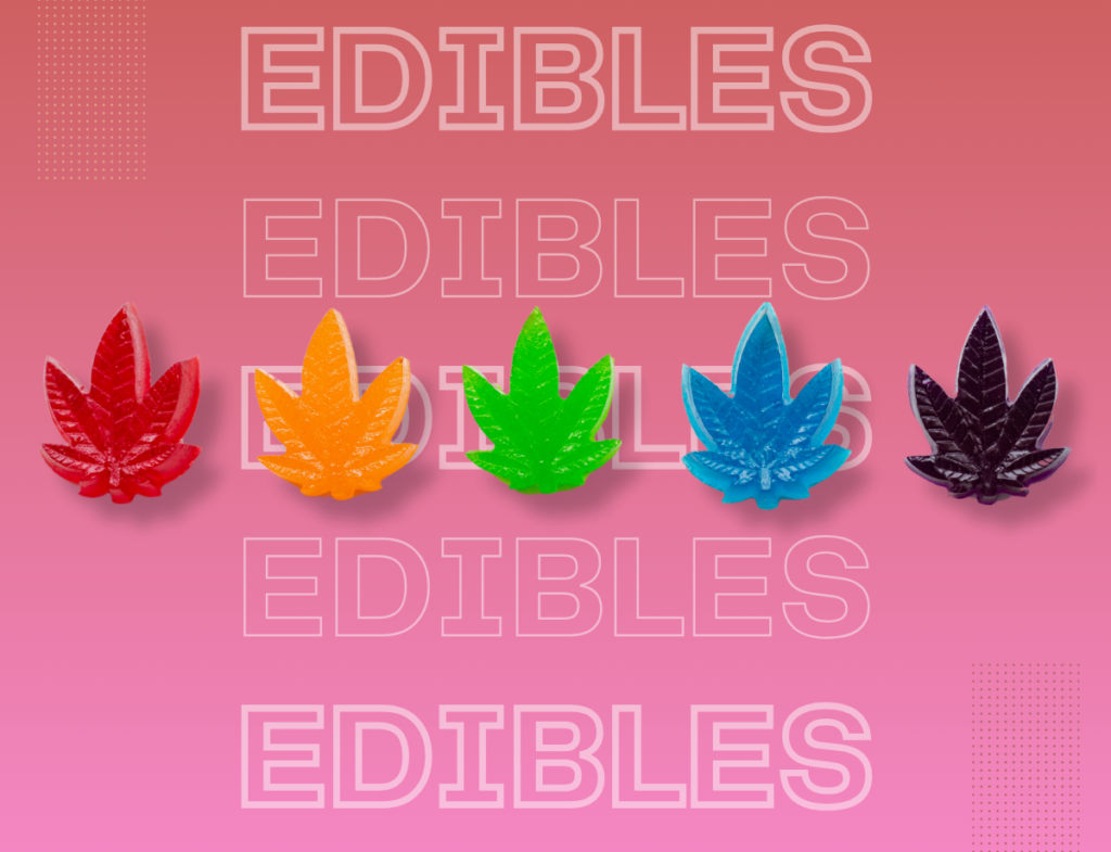 Five cannabis-shaped gummy candies lined up horizontally with the word "edibles" five times, vertically, behind the cannabis gummies